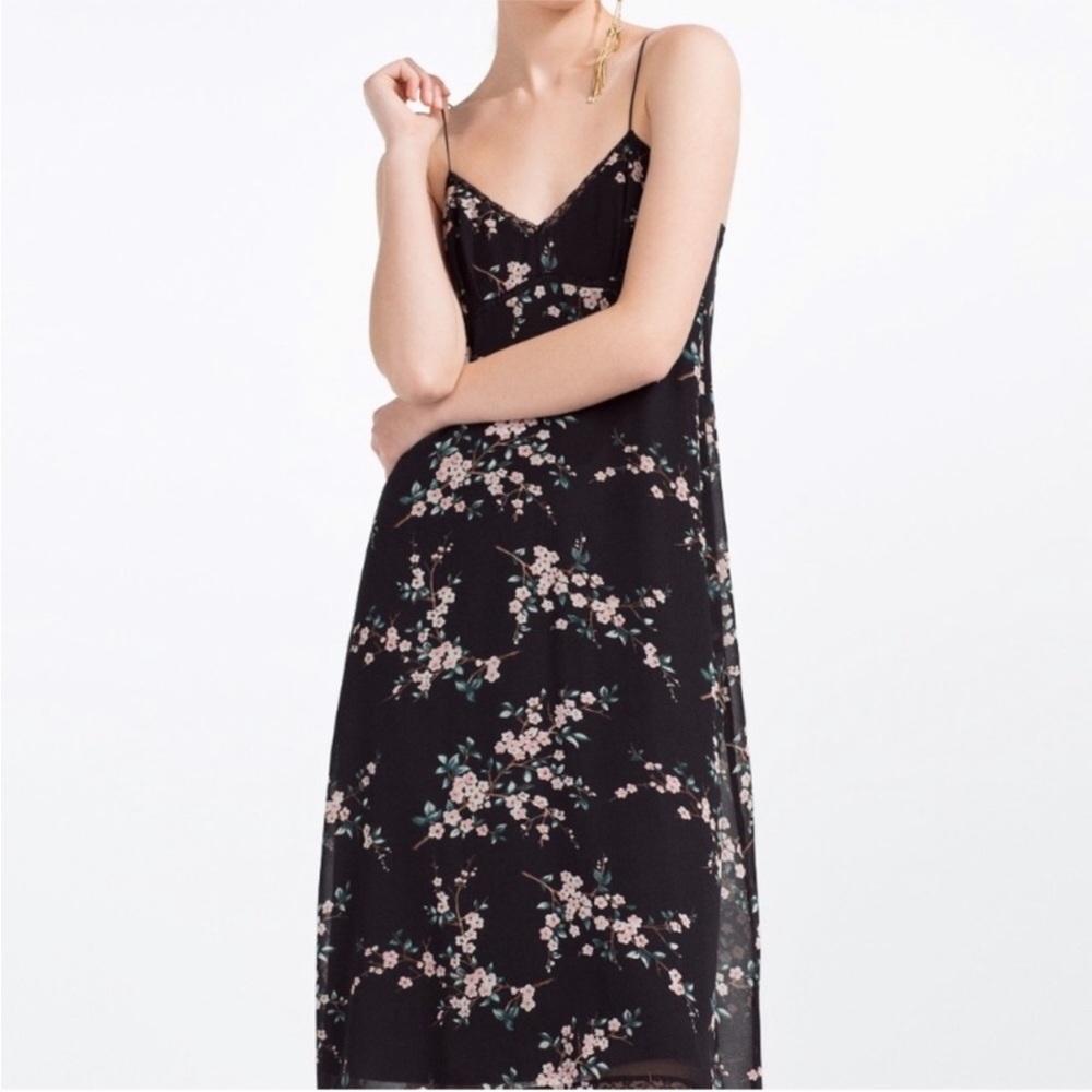Zara Black Floral‎ Lace Detail Sleeveless Midi Slip Dress Size XS
